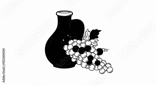 Black ceramic pitcher with a bunch of grapes, some berries are filled in