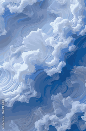 Abstract blue sky background with fluffy white clouds in oil painting style, artistic vertical textured clouds wallpaper