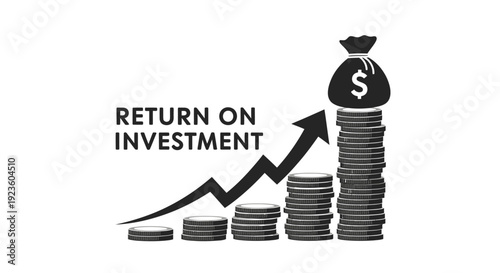 Return on Investment Concept: Stacks of Coins with Growth Arrow and Money Bag.