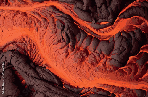Molten Lava Flowing Between Dark Volcanic Rocks Background. Hot Magma Texture with Glowing Orange River for Nature and Adventure Designs.