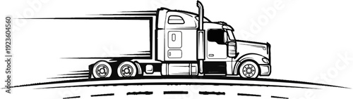 Black and white illustration of a semi-truck driving on a road