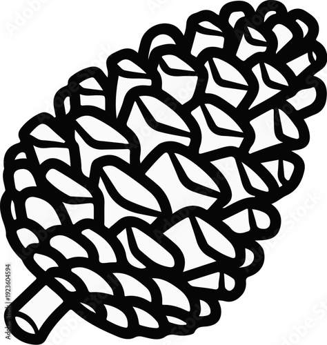 Black and white illustration of a pinecone with a stem