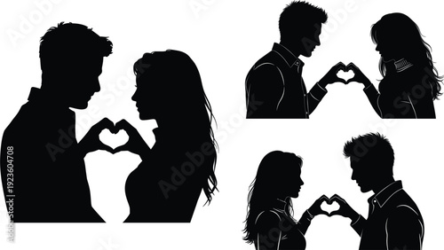 Romantic young couple silhouette collection forming heart shape with hands for valentines day wedding engagement and love concept