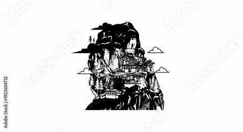 Black and white illustration of a monastery built on a rugged mountain