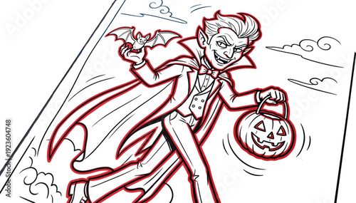 Cartoon Vampire Character Illustration, Halloween Dracula with Bat and Pumpkin Candy Bucket, Spooky Hand Drawn Black and White Vector Art