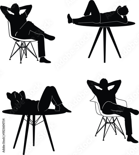 Young man silhouettes relaxing in different poses sitting on chair and lying on table for break time and comfort concept