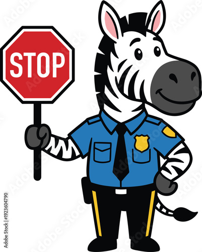 Cute cartoon zebra police officer holding stop sign, traffic safety mascot illustration isolated on white background for road awareness campaigns educational materials