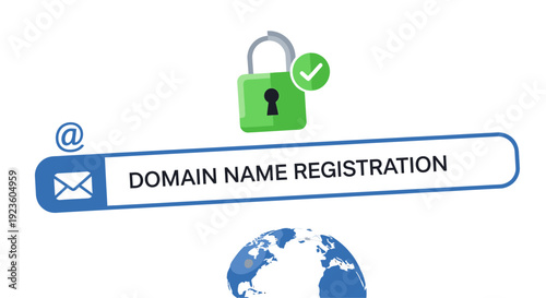 Domain name registration and internet security concept with search bar, padlock, and globe.