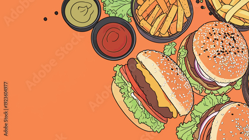 Three burgers are placed next to bowls of fries and different dips on a bright orange surface.