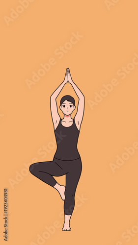 A person stands on one leg, holding hands above their head in a yoga pose at home during a morning routine.