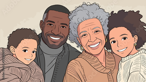 A family enjoys a close moment together, smiling and posing for a fun picture in a warm indoor space on a weekend.