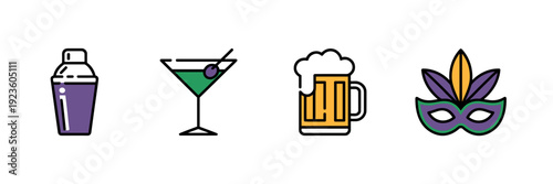 Mardi Gras nightlife drink icons – Ideal for bar menus and flyers.