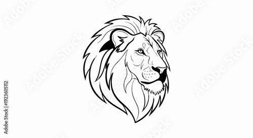Black and white illustration of a majestic lion's head with a full mane.
