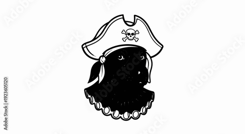 Black dog wearing a pirate hat and ruffled collar, facing forward