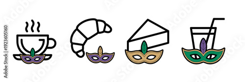 Mardi Gras cafe menu icons – Ideal for coffee shop promotions.