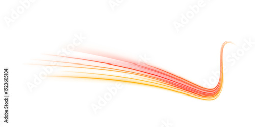 Orange and red neon streaks flow in smooth curves across a PNG composition. Tiny particles sparkle along paths. Ideal overlay for cyberpunk and digital visuals.