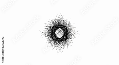 Abstract radial burst of black lines with a circular center on white
