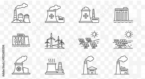 Various power plant icons representing different energy sources and production methods.