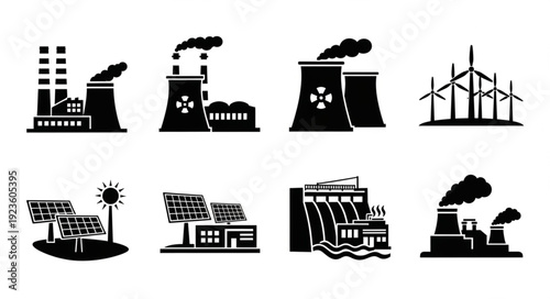 Various power plant icons representing different energy sources and production methods.