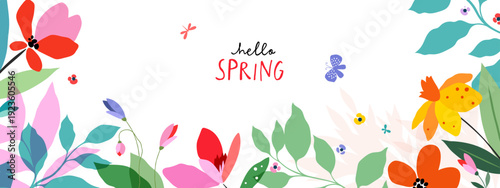 Modern abstract spring flowers and leaves background with cute bugs and butterflies. Springtime frame background. Poster, Womens Day, Mothers Day, March 8, birthday, children’s creative workshops.