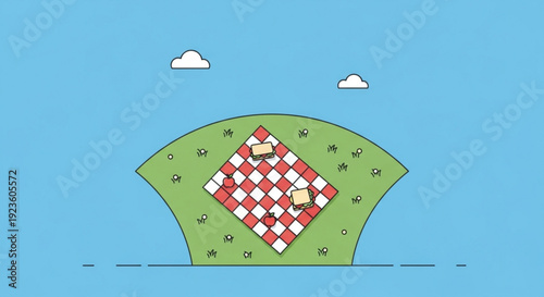 Sheep grazing on a green hill with a red and white checkered blanket under a blue sky
