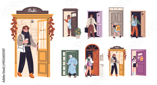 People enter and exit from doors set. Characters go out cafe, office and house entrances. Men and women come home, leave room and welcome. Flat isolated vector illustrations on white background
