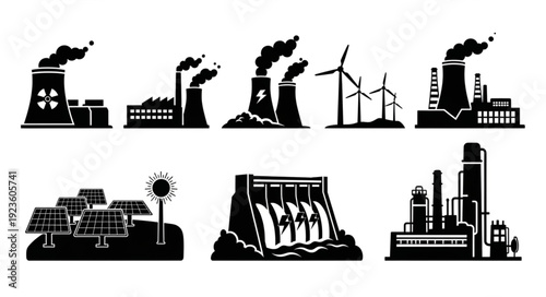 Various power plants and renewable energy sources in silhouette style.