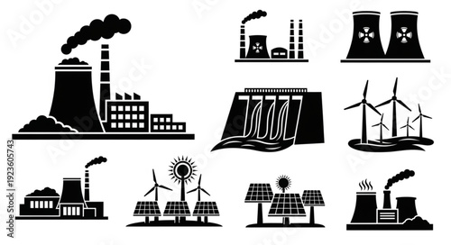 Various power plants and renewable energy sources in silhouette style, generating electricity.