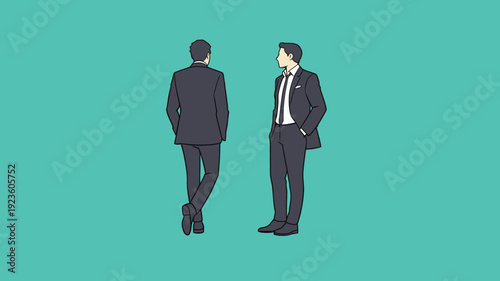 Two men in formal suits face away from each other. They stand on a turquoise background, possibly during a business event or meeting.