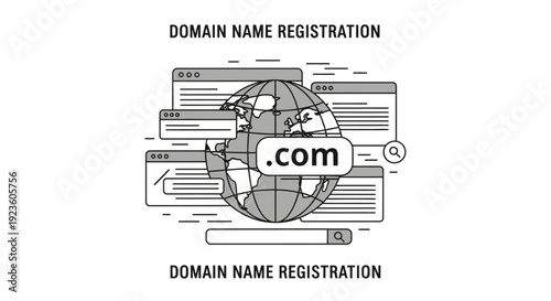 Domain name registration and web hosting concept with globe and browser windows, vector illustration.