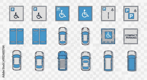 Various parking signs and car top views, including disabled parking and vehicle illustrations.