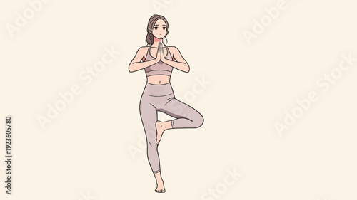 A woman stands on one leg while practicing yoga. She holds her hands in a prayer position. The setting is indoor and bright.
