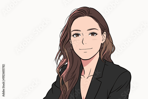 A woman with long hair sits and smiles while wearing a black suit. There is a plain background. She looks confident and relaxed.