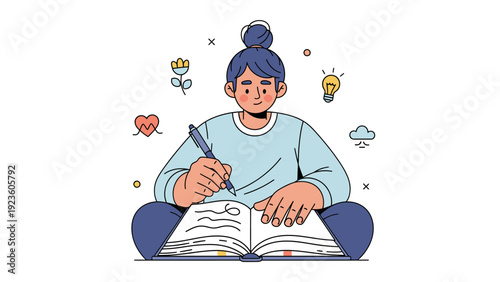 Young woman writing in journal or diary with mental health and creativity icons, flat vector illustration.