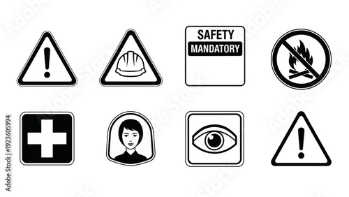 Set of Industrial Safety and Occupational Health Signs Black and White Icons