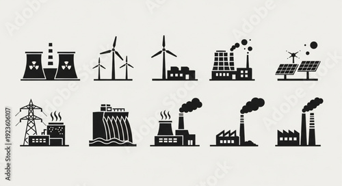 Various power plant icons representing different energy sources and production.