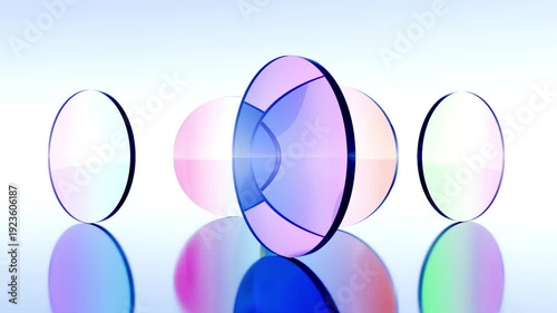 3D abstract iridescent glass discs rolling on reflective floor