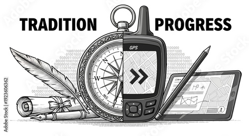 Tradition vs Progress concept illustration. Split view of vintage compass and modern GPS device with binary code background.