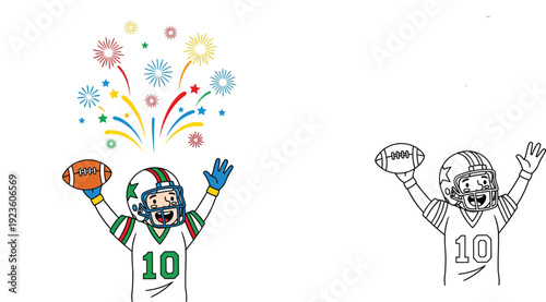 Celebratory Football Player with Fireworks in Color and Outline for Joyful Coloring Activities