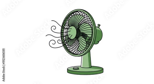 A green tabletop fan with a simple design.