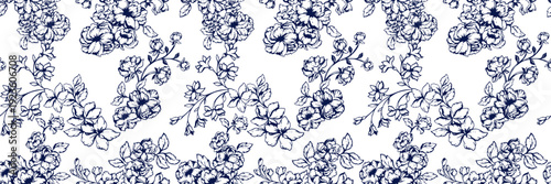 Εκτύπωση καμβά A seamless vector floral pattern in elegant navy blue line art on a white background