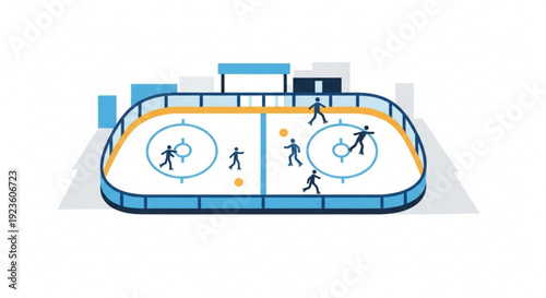 Ice hockey rink with players in action on frozen surface with goals and boards