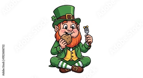 Cheerful leprechaun enjoying a cookie in green attire.