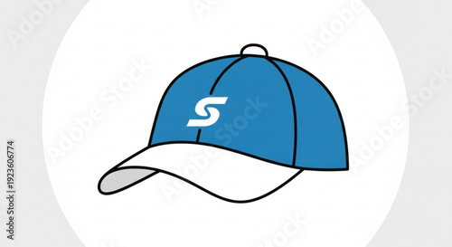 Blue baseball cap with white logo and brim on white background