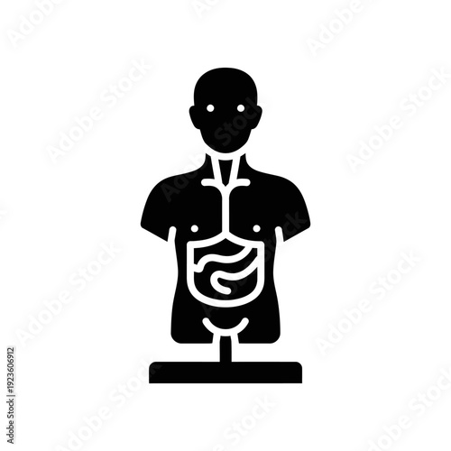 High-contrast minimalist illustration featuring a human silhouette with an illuminated digestive system, ideal for medical, health, and wellness content with a sleek, modern aesthetic.
