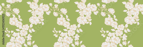 Seamless vector floral pattern with delicate ivory peonies and leaves on a soft green background. Elegant and vintage-inspired, perfect for textiles, wallpaper, stationery, wedding invitations