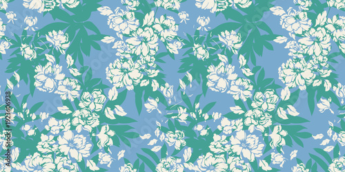 Seamless floral vector pattern with lush white blossoms and stylized green leaves on a soft blue background. Artistic botanical design perfect for textiles, wallpaper, and prints