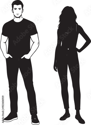 Two realistic proportion human silhouettes standing, white background
