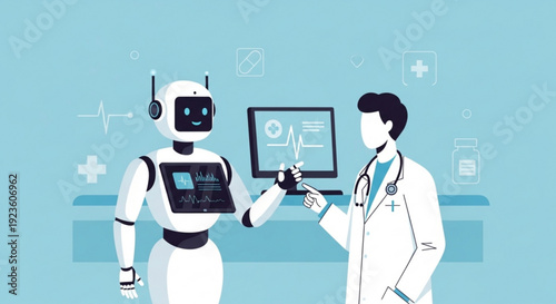 Robot and doctor collaborating on medical data on a screen in a modern healthcare setting with futuristic technology