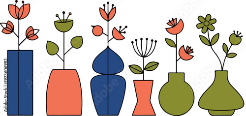 Mid-century modern floral vector collection. Includes 6 different flowers in vases with a retro color palette. Created in a flat, graphic style with blue, orange, and olive green colors.
